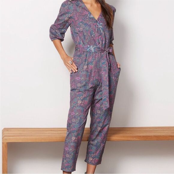 Evereve Ember Floral Paisley Puff Sleeve Button Belted Jumpsuit - Picture 1 of 16